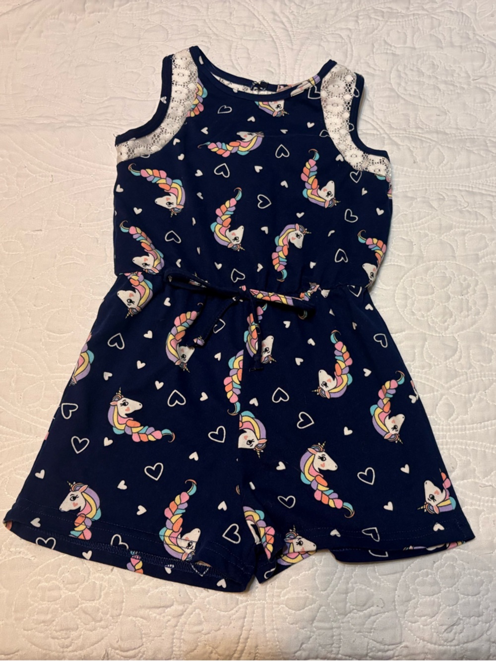 Girls Navy Unicorn Print Romper with Lace Trim